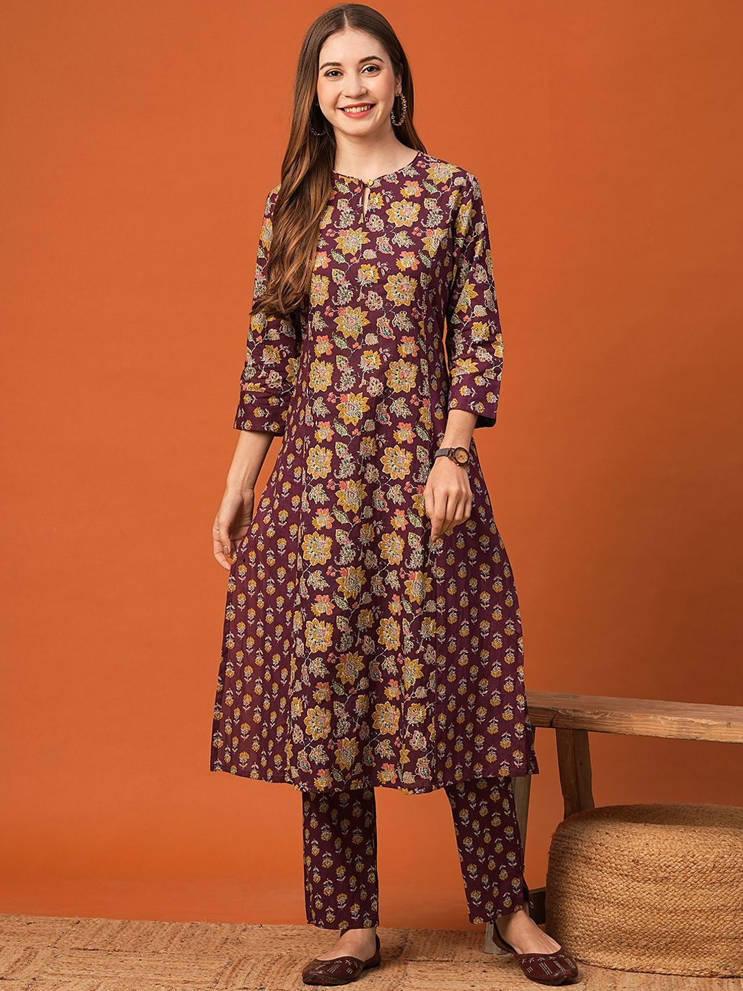 

FASHOR Women Floral Printed Panelled Mirror Work Pure Cotton Kurta with Trousers, Burgundy