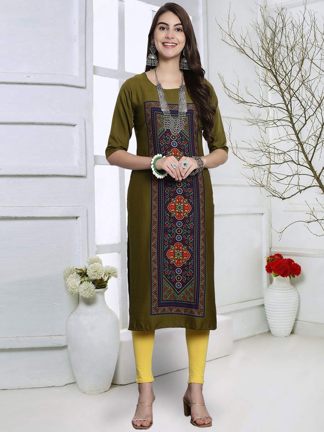 

7Threads Ethnic Motifs Printed Round Neck Crepe Straight Kurta, Olive