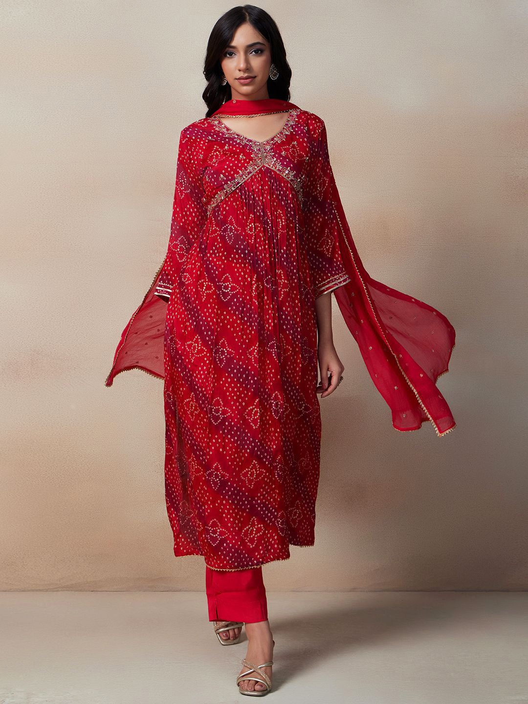 

Rang by Indya Women Bandhani Printed Regular Thread Work Kurta with Trousers & With Dupatta, Pink