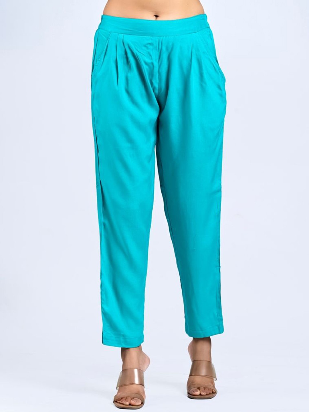 

MIRAYYA Women Solid Tailored Straight Fit Pleated Casual Trousers, Turquoise blue