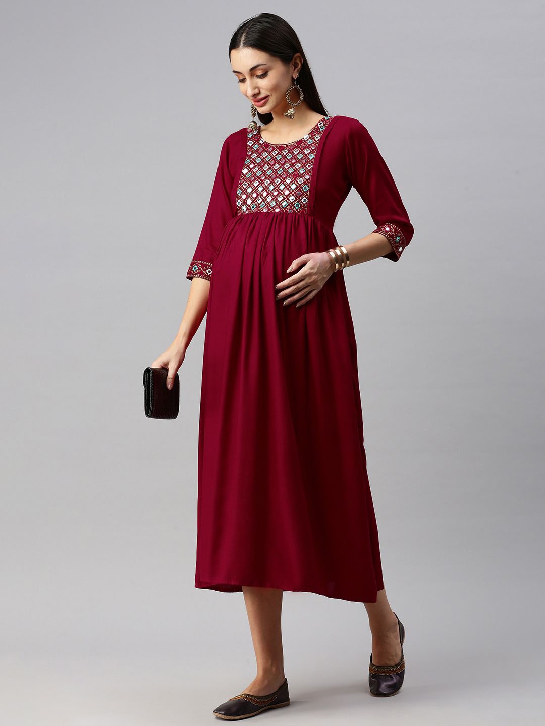 

Swishchick Women Maternity Fit and Flare Midi Dress, Red