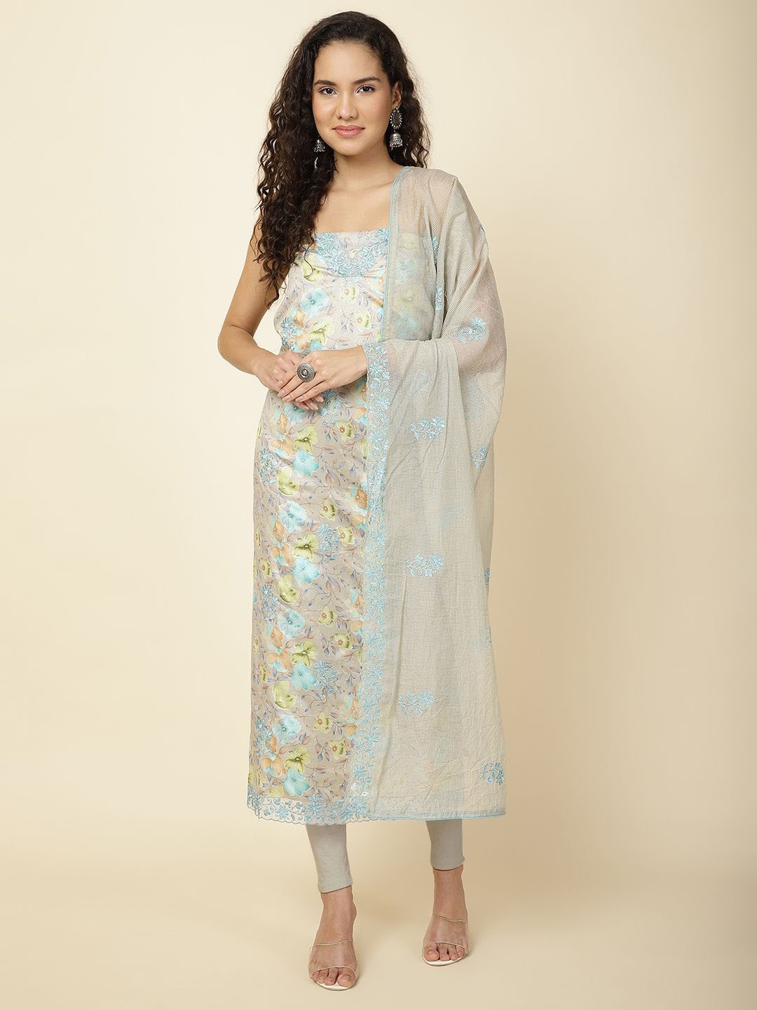 

Meena Bazaar Printed Unstitched Dress Material, Beige