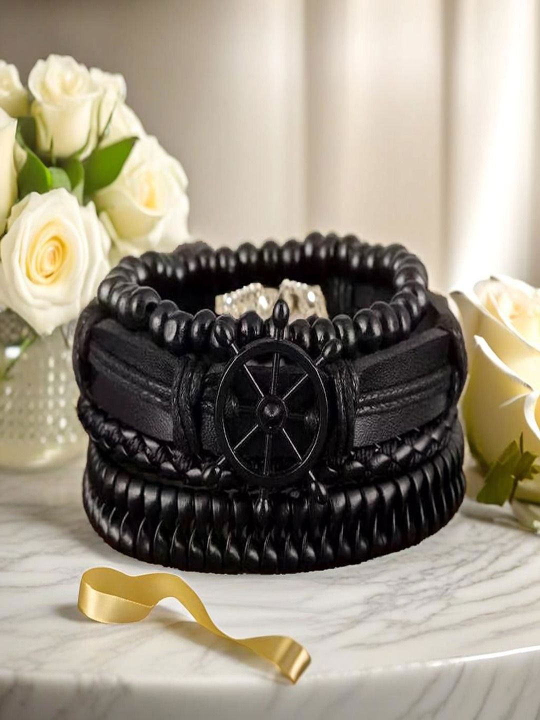 

UNIVERSITY TRENDZ Men Leather & Beaded Multistrand Bracelet, Black