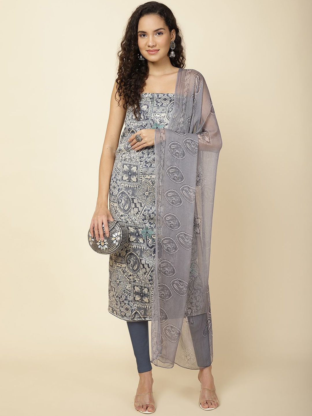 

Meena Bazaar Printed Unstitched Dress Material, Grey