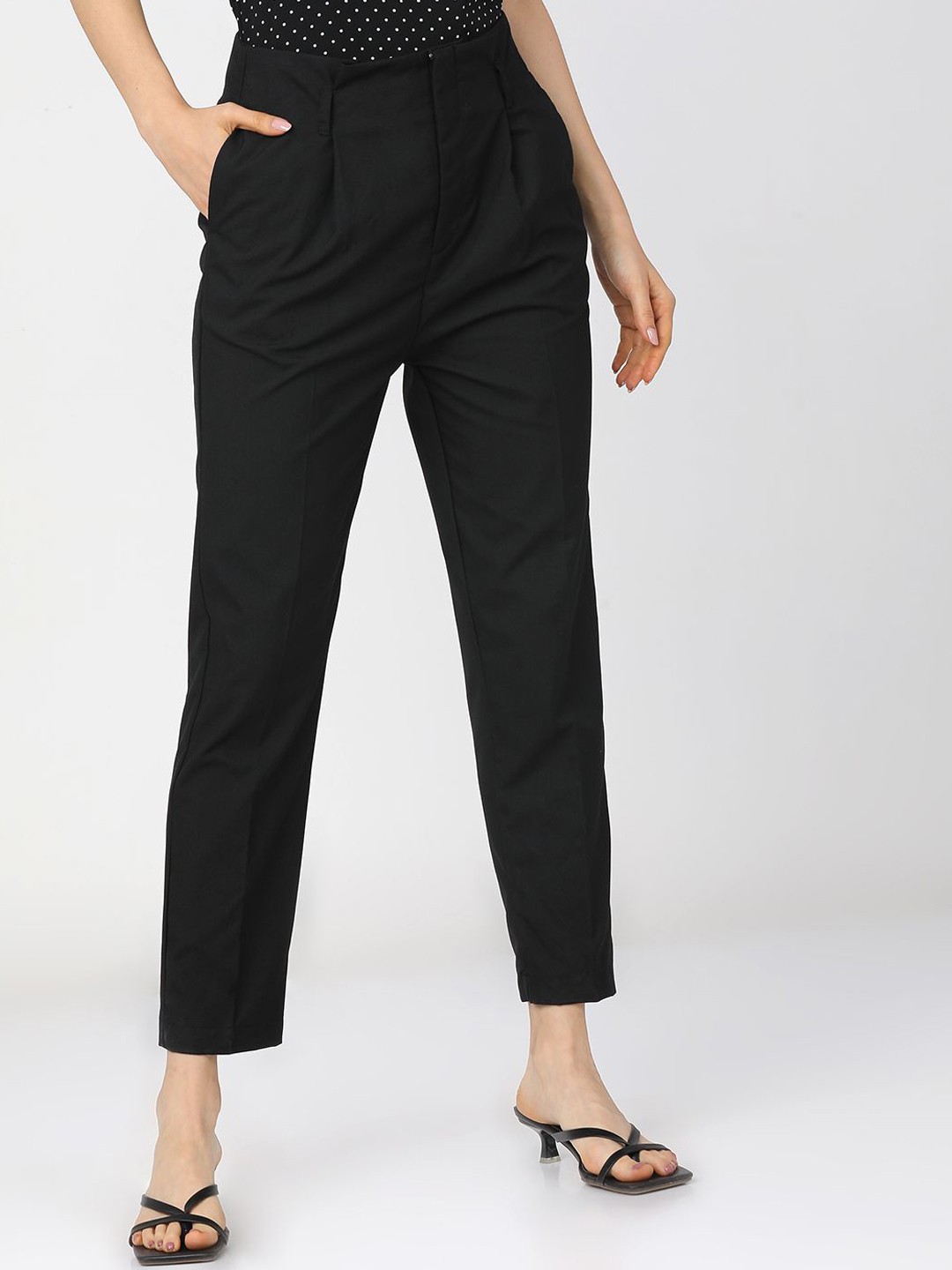 

Tokyo Talkies Women Tapered Fit Pleated Trousers, Black