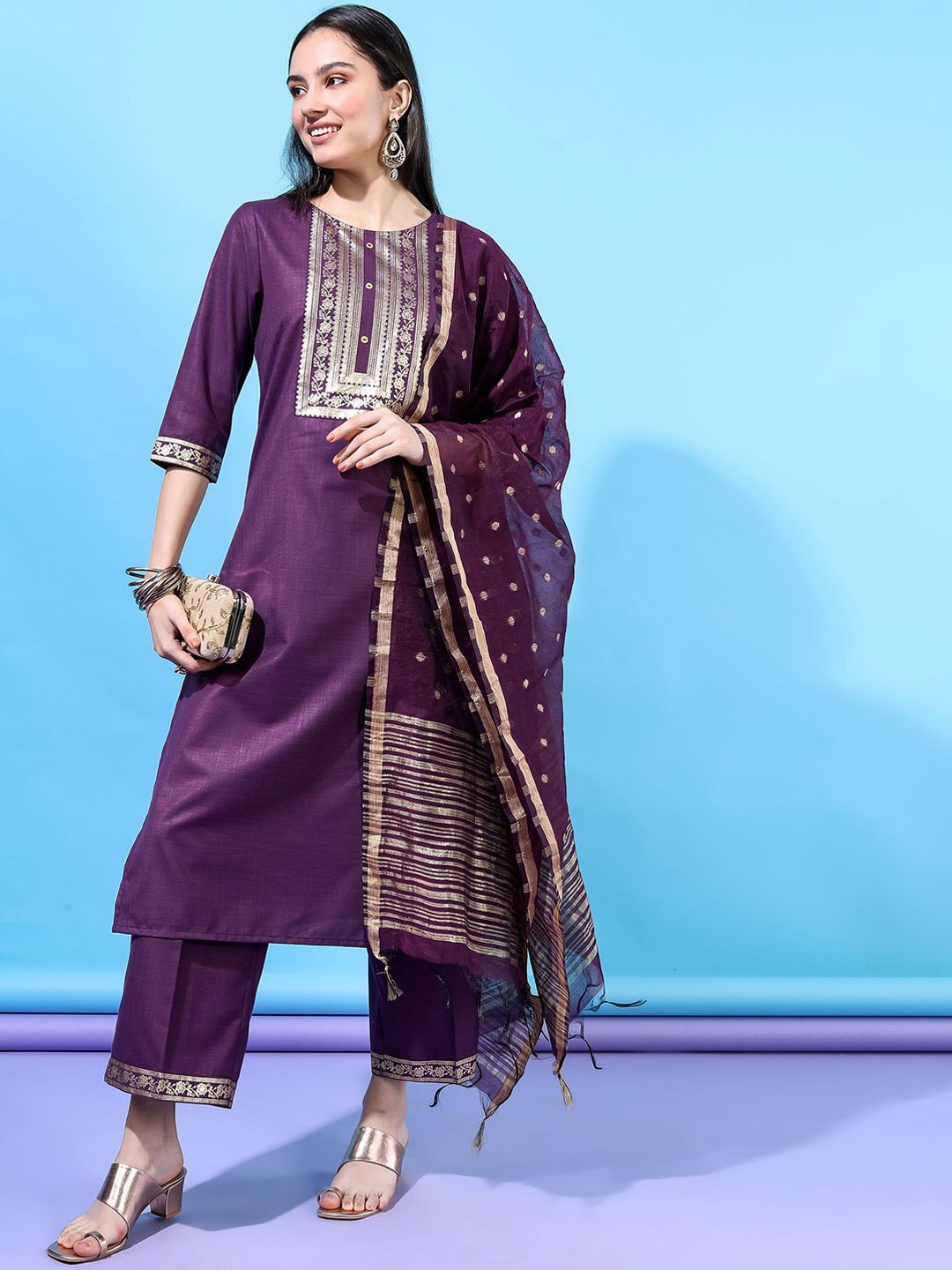 

Vishudh Women Ethnic Motifs Yoke Design Regular Kurta with Palazzos & With Dupatta, Purple