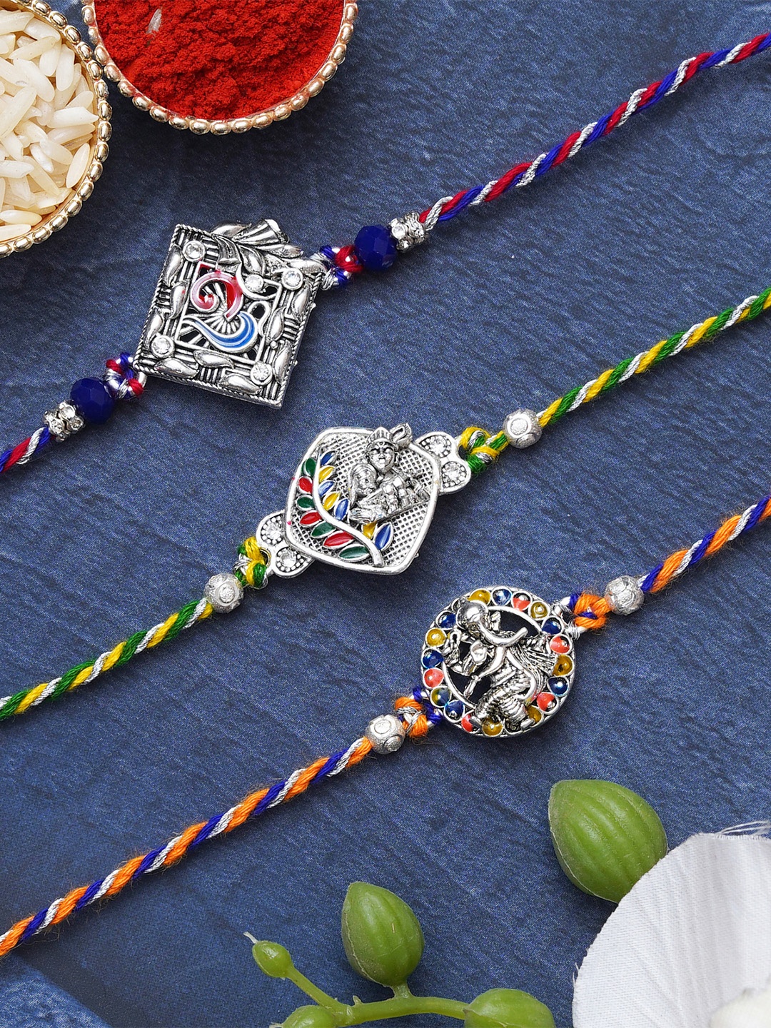 

eCraftIndia Set of 3 Kundan-Studded Designer Rakhis with Roli & Chawal, Green