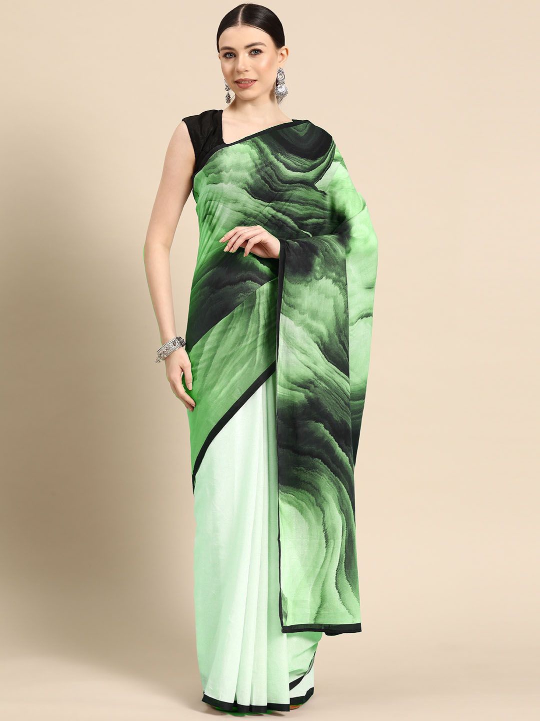 

BUTA BUTI Printed Abstract Pure Cotton Saree, Green