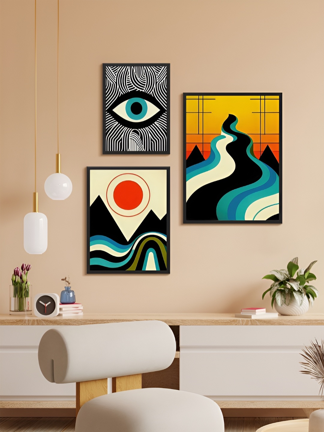 

999Store Black & Orange 3 Piece Paper Other Wall Paintings