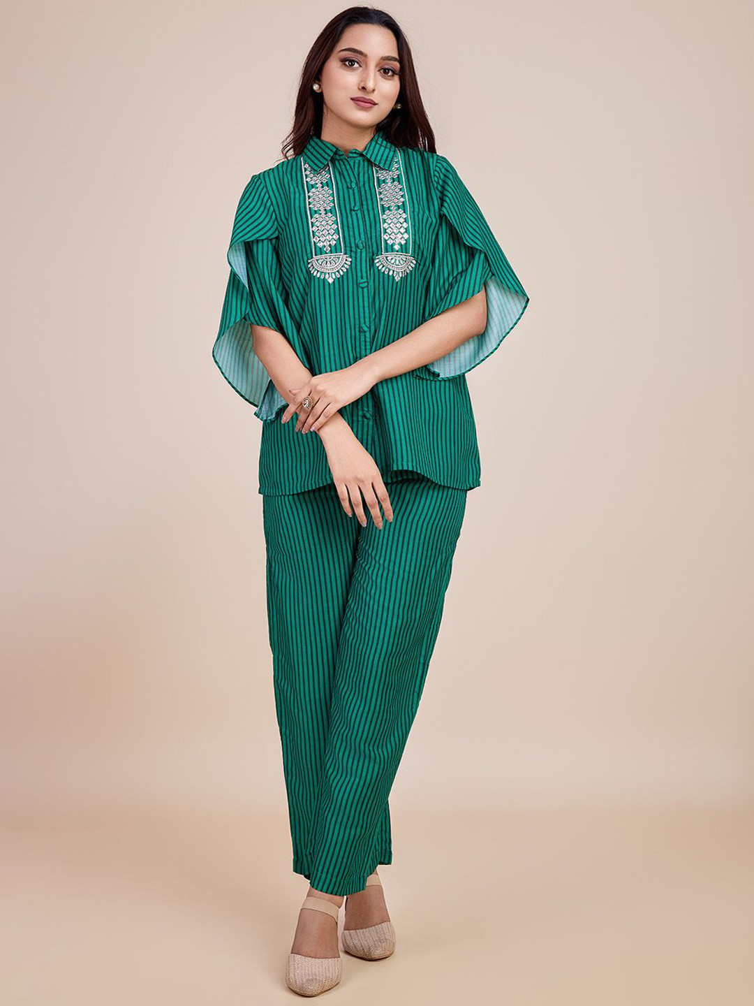 

HERE&NOW Striped Three Quarter Sleeve Top & Trouser Co-Ords, Green