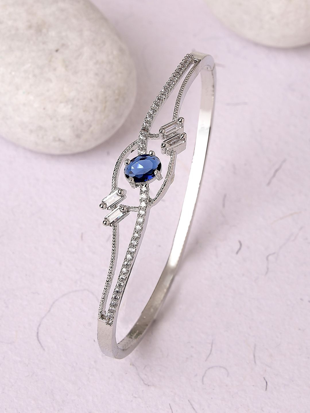 

ZENEME Rhodium-Plated American Diamond Bangle-Style Bracelet, Silver