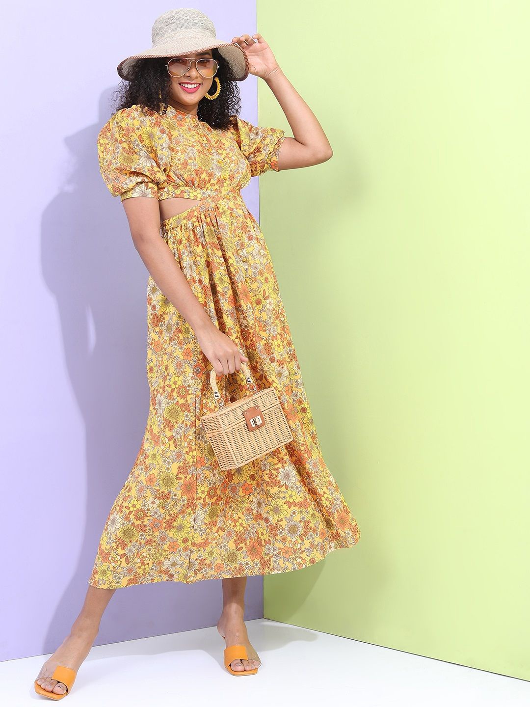 

Tokyo Talkies Floral Print Fit and Flare Midi Dress, Mustard