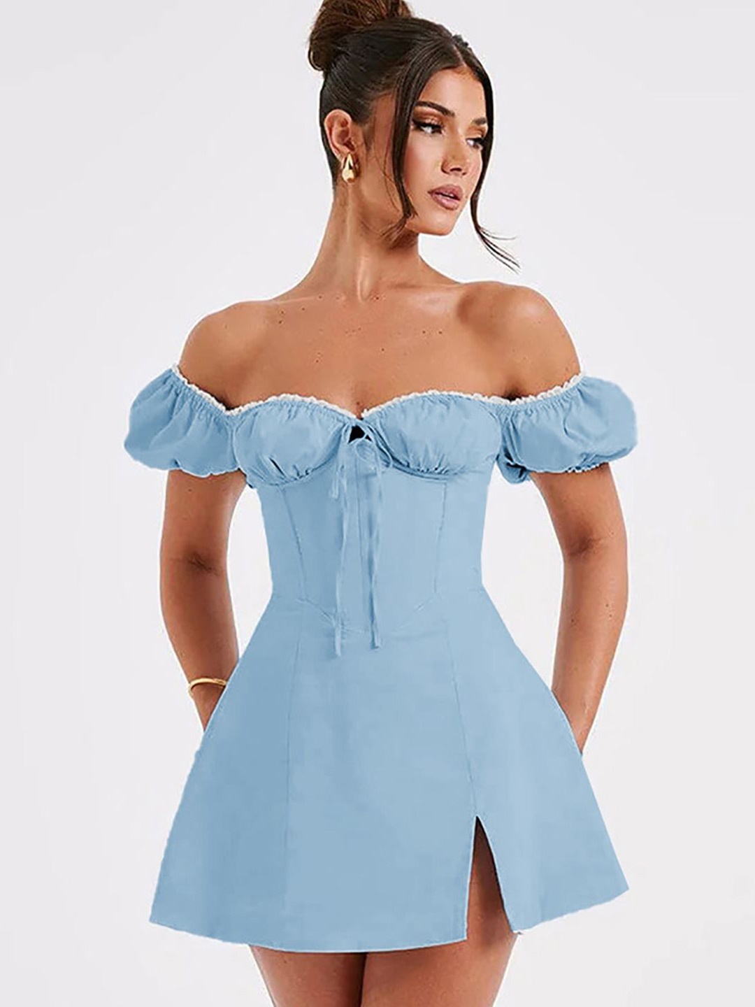 

StyleCast x Revolte Off-Shoulder Puff Sleeve A-Line Dress, Blue