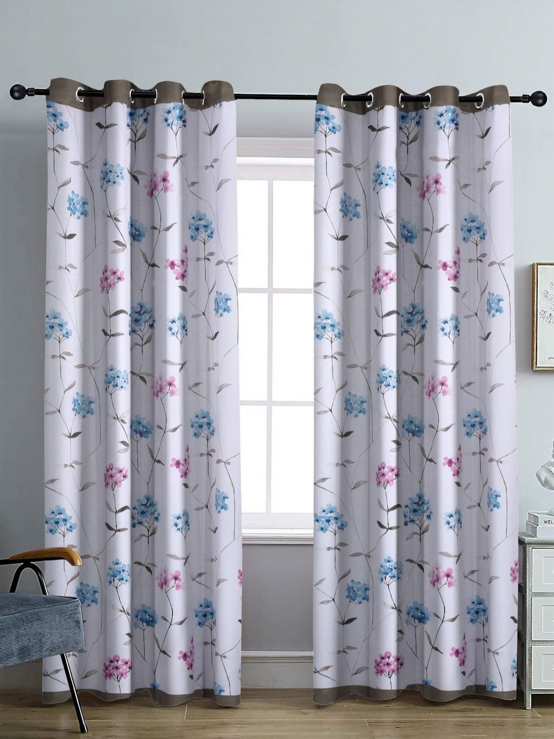 

Aura White & Blue Set of 2 Floral Black Out Long Door Curtain