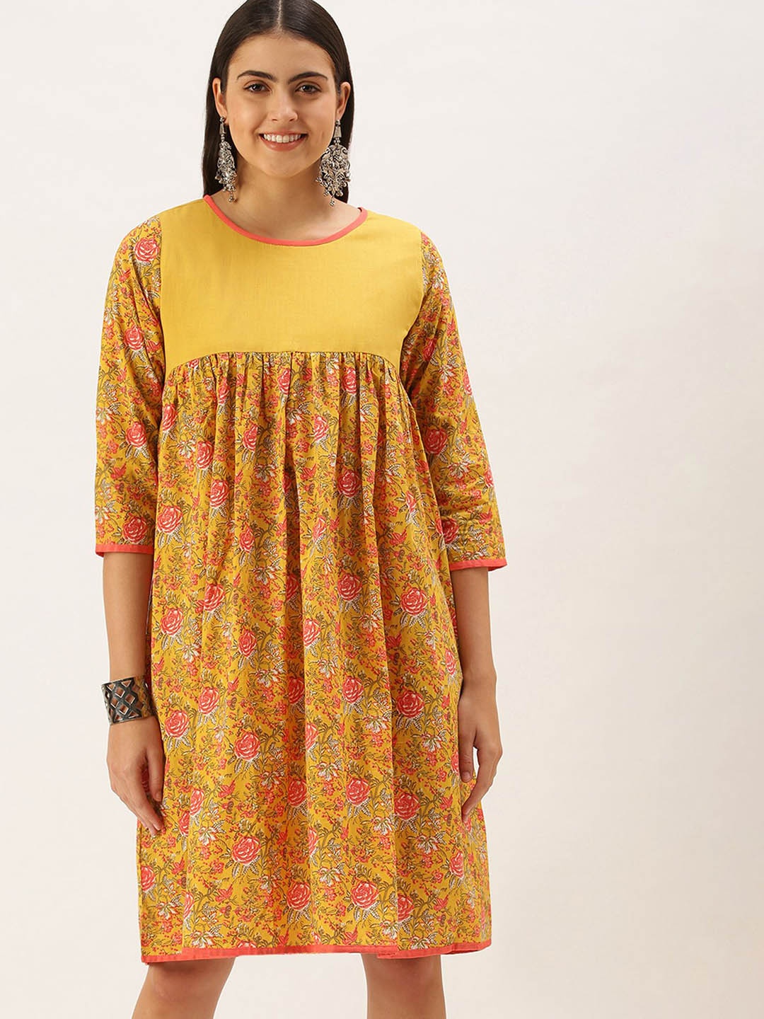 

HRITIKA Women Floral Printed Mirror Work Handloom Anarkali Kurta, Mustard