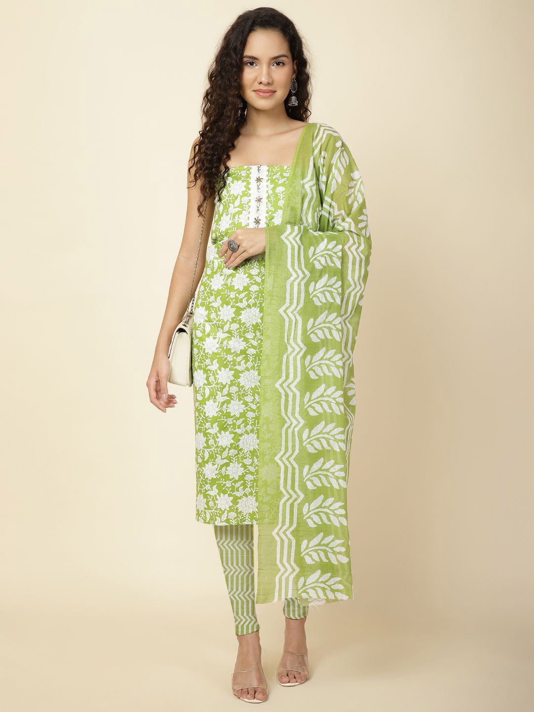 

Meena Bazaar Printed Unstitched Dress Material, Green