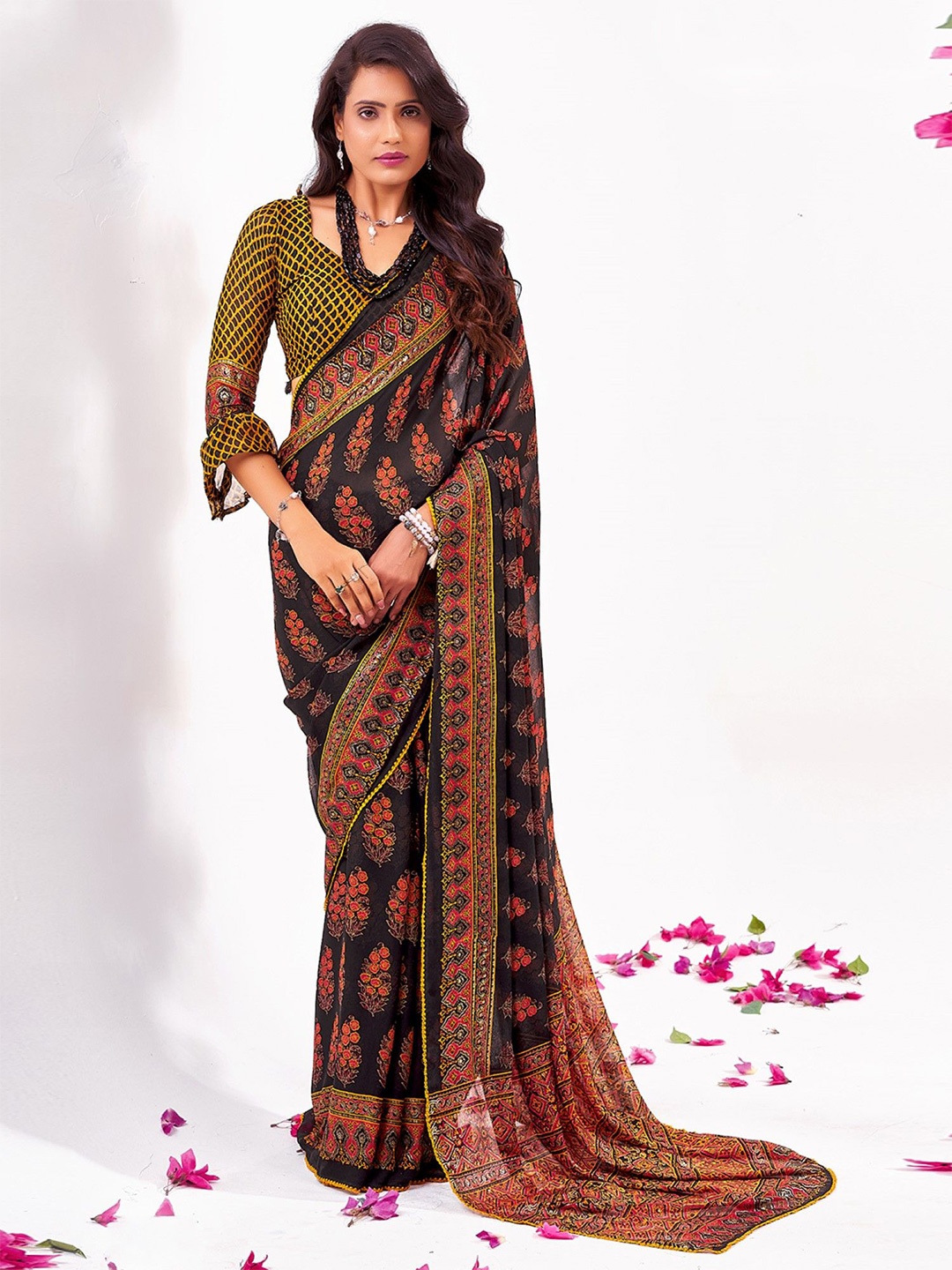

Mitera Floral Printed Saree, Black