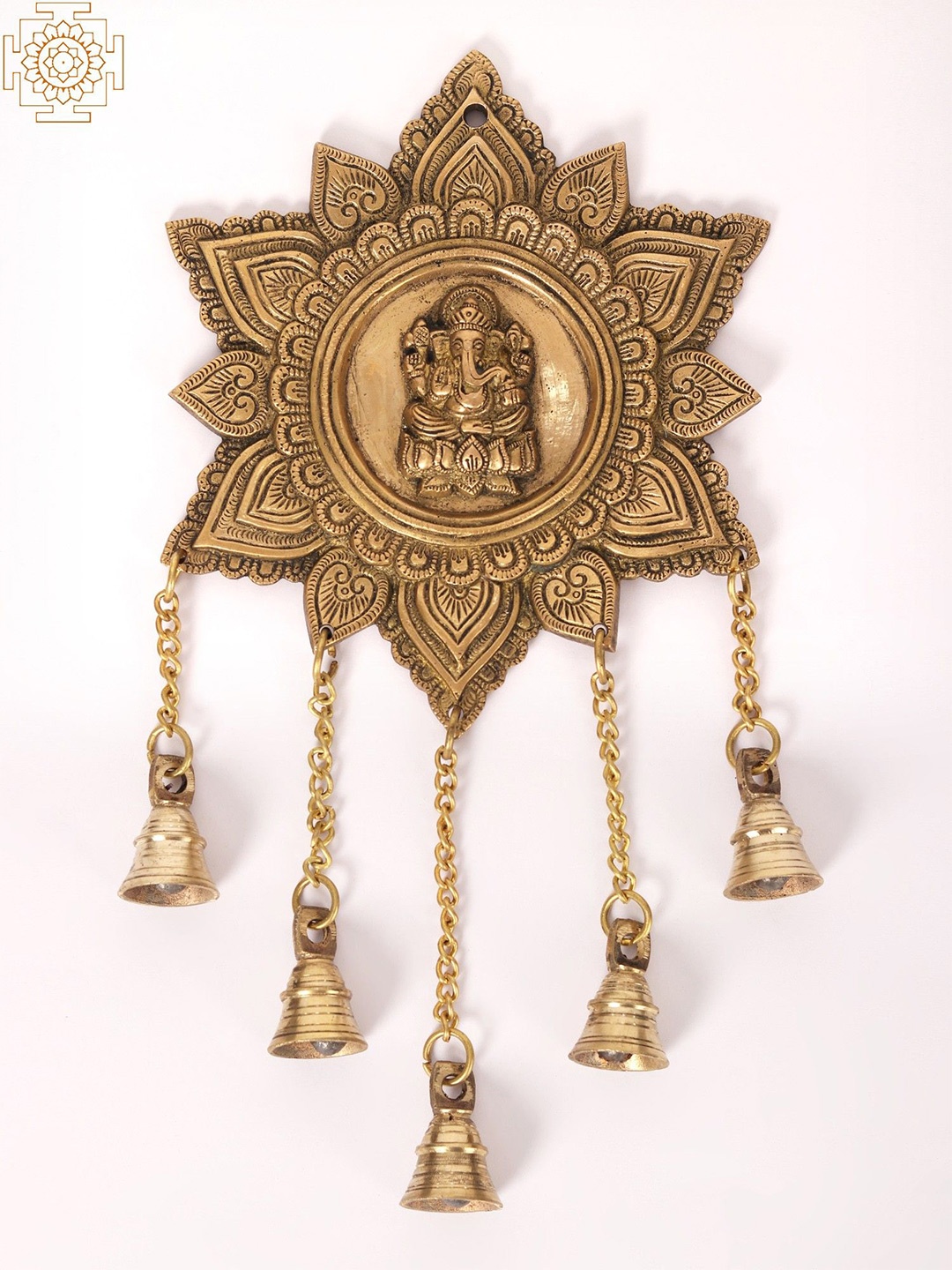 

Exotic India 15" Brass Lord Ganesha Dangling Bells Wall Hanging, Gold