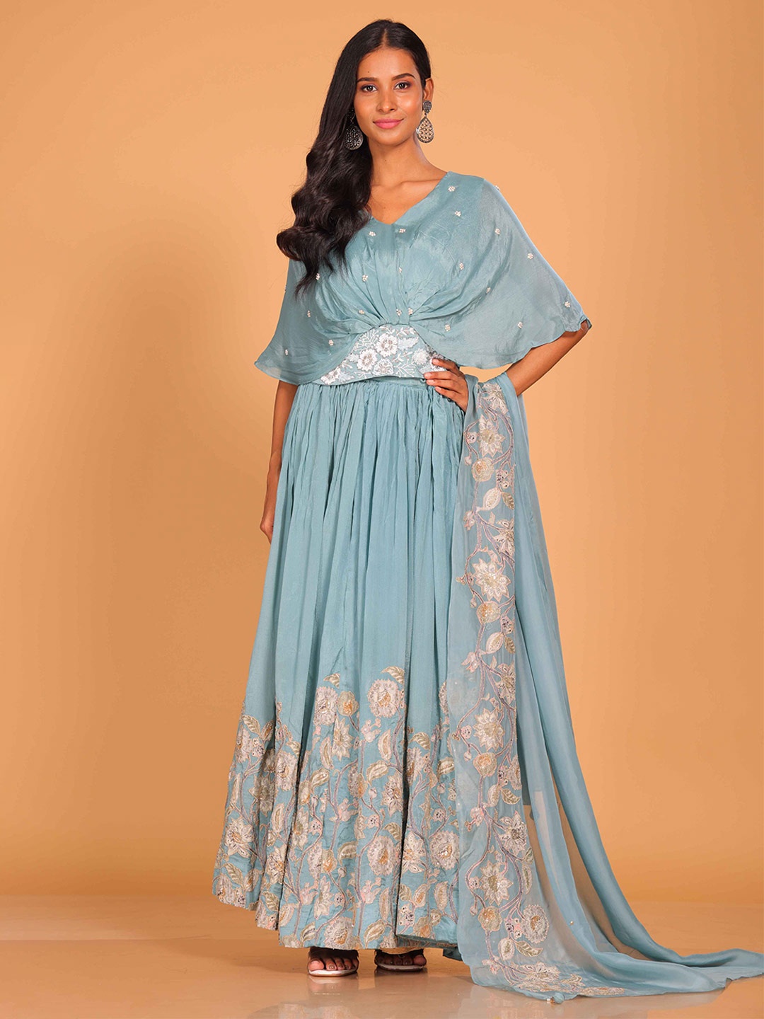 

Morchari Embroidered Crop Top With Skirt & Dupatta, Blue