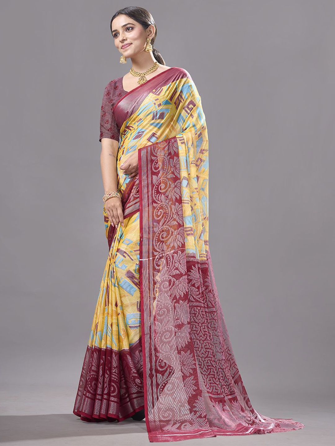 

NIRMAL CREATION Printed Abstract Saree, Yellow