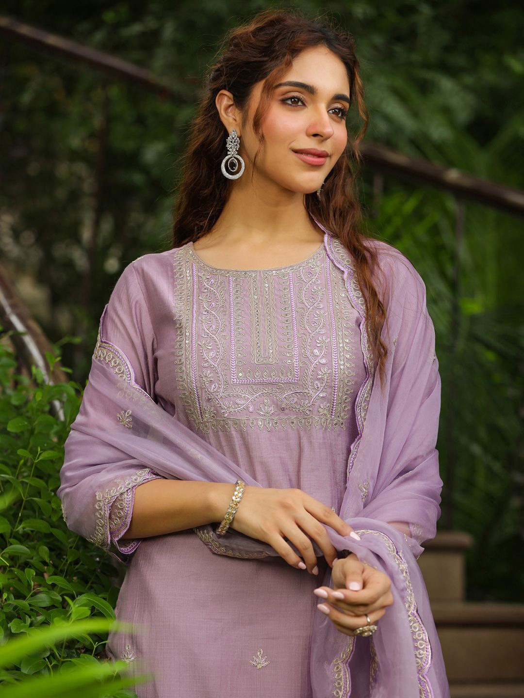 

Janasya Floral Embroidered Straight Kurta with Trousers & Dupatta, Lavender