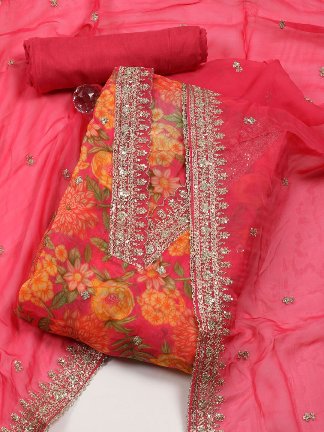 

Meena Bazaar Printed Organza Unstitched Dress Material, Pink