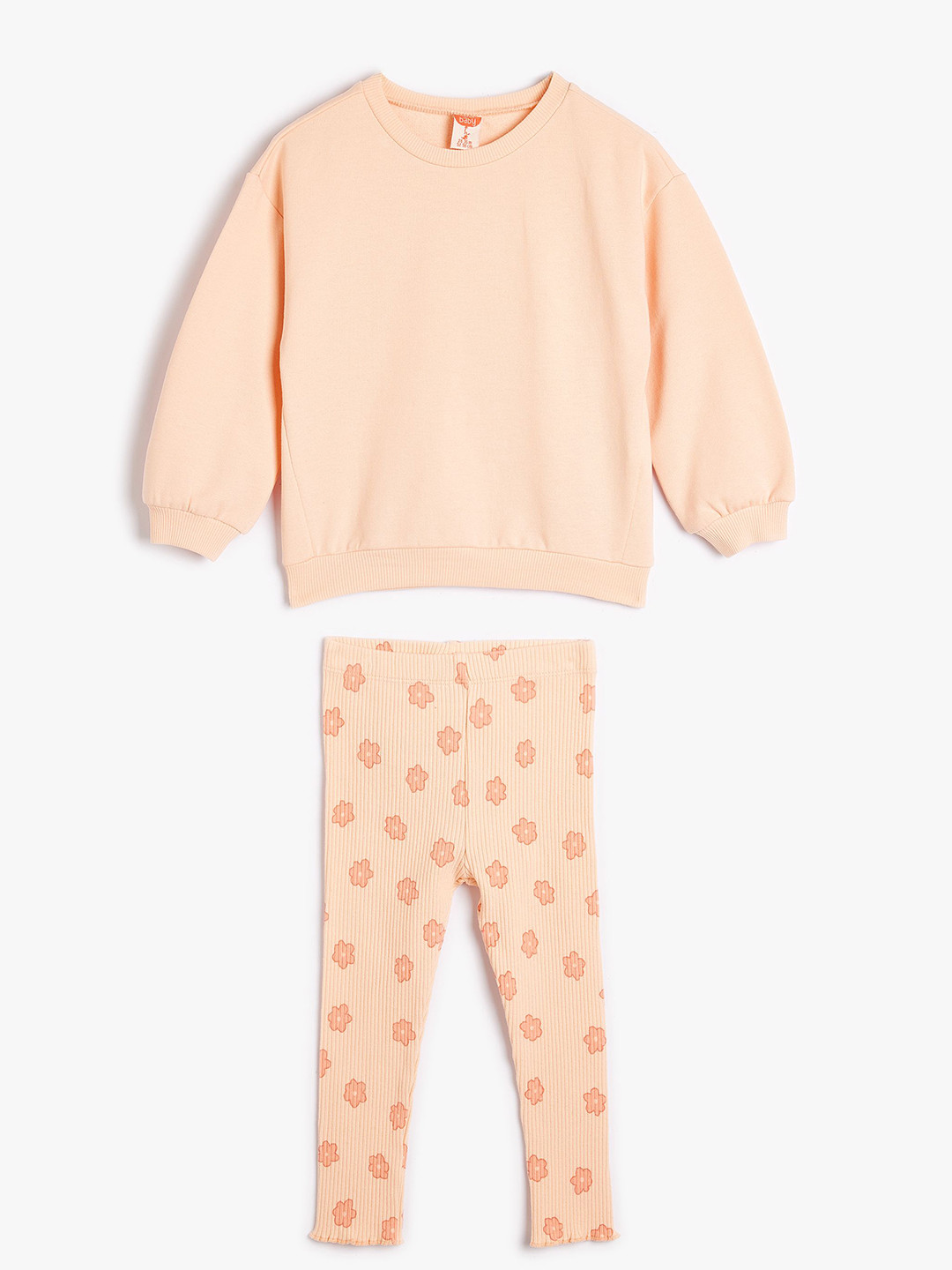 

Koton Girls Printed Round Neck Long Sleeves T-shirt with Trousers, Peach