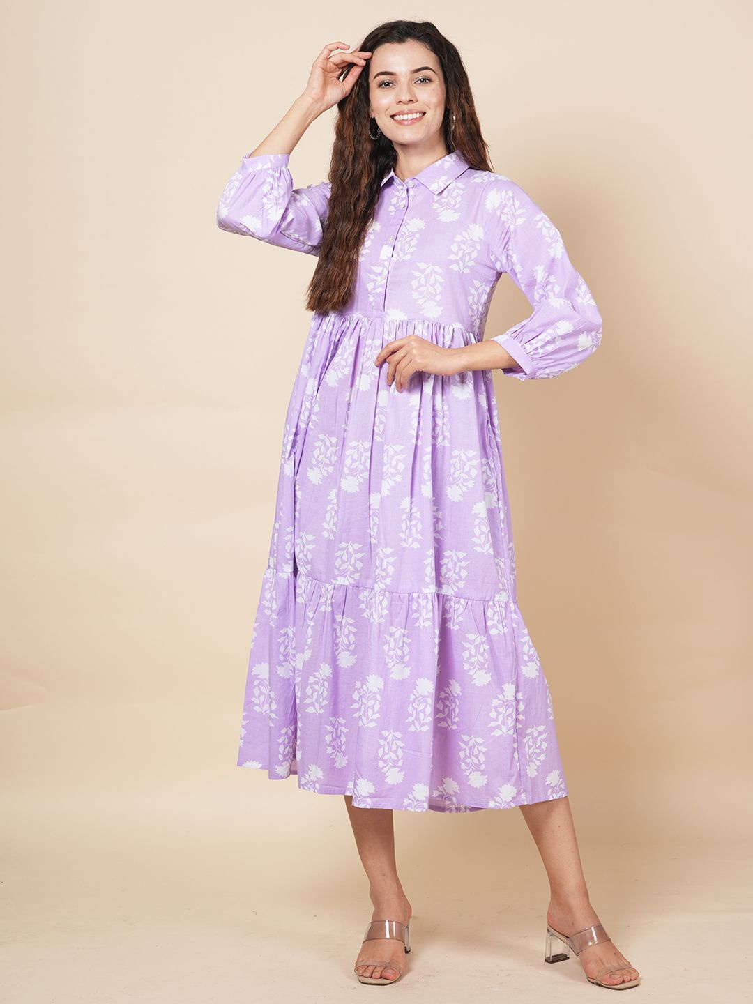 

LABEL KRISHA Floral Printed Cotton Fit & Flare Midi Dress, Lavender