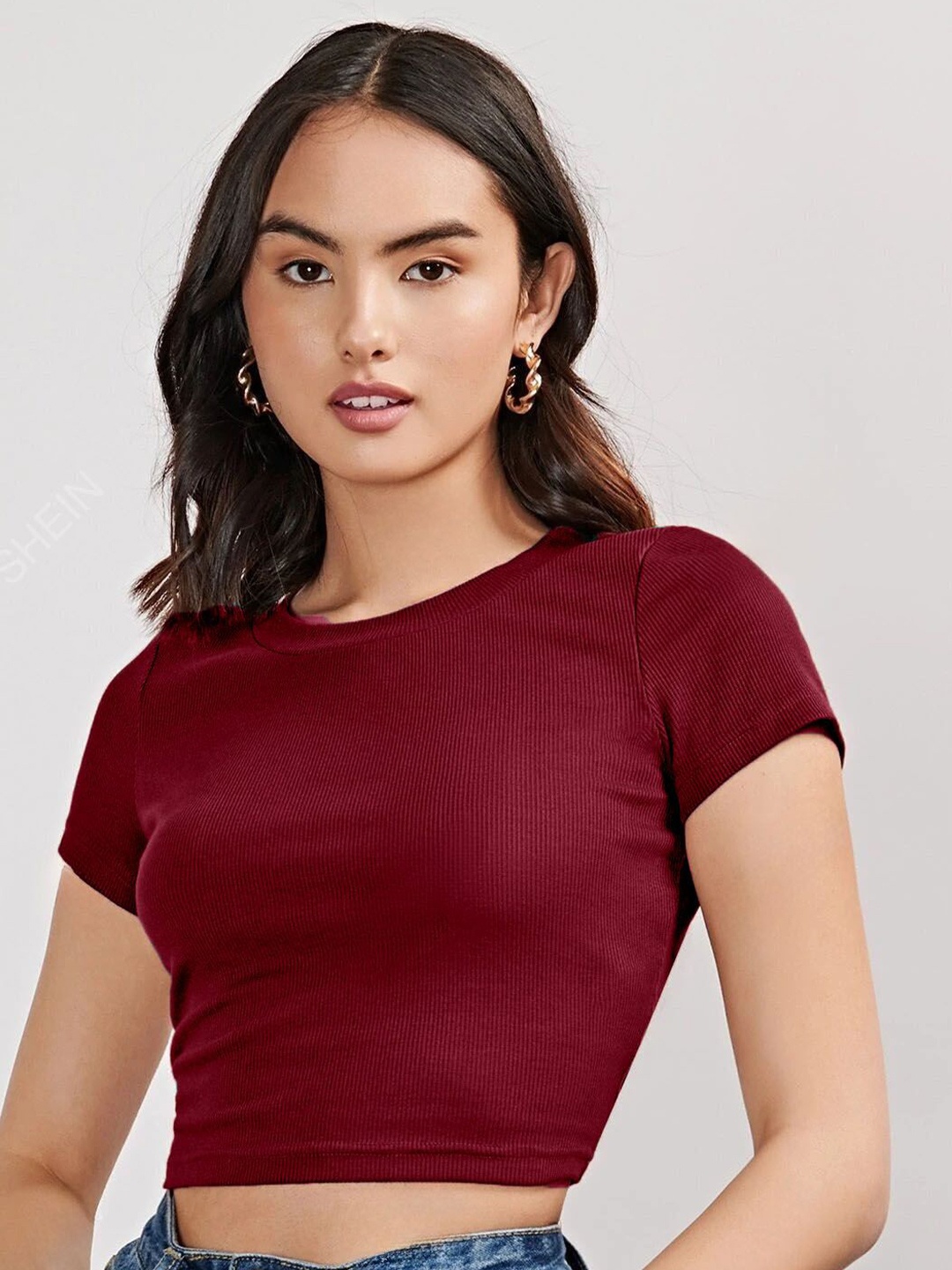 

Tivante Women Solid Knits Round Neck Cotton Top, Maroon