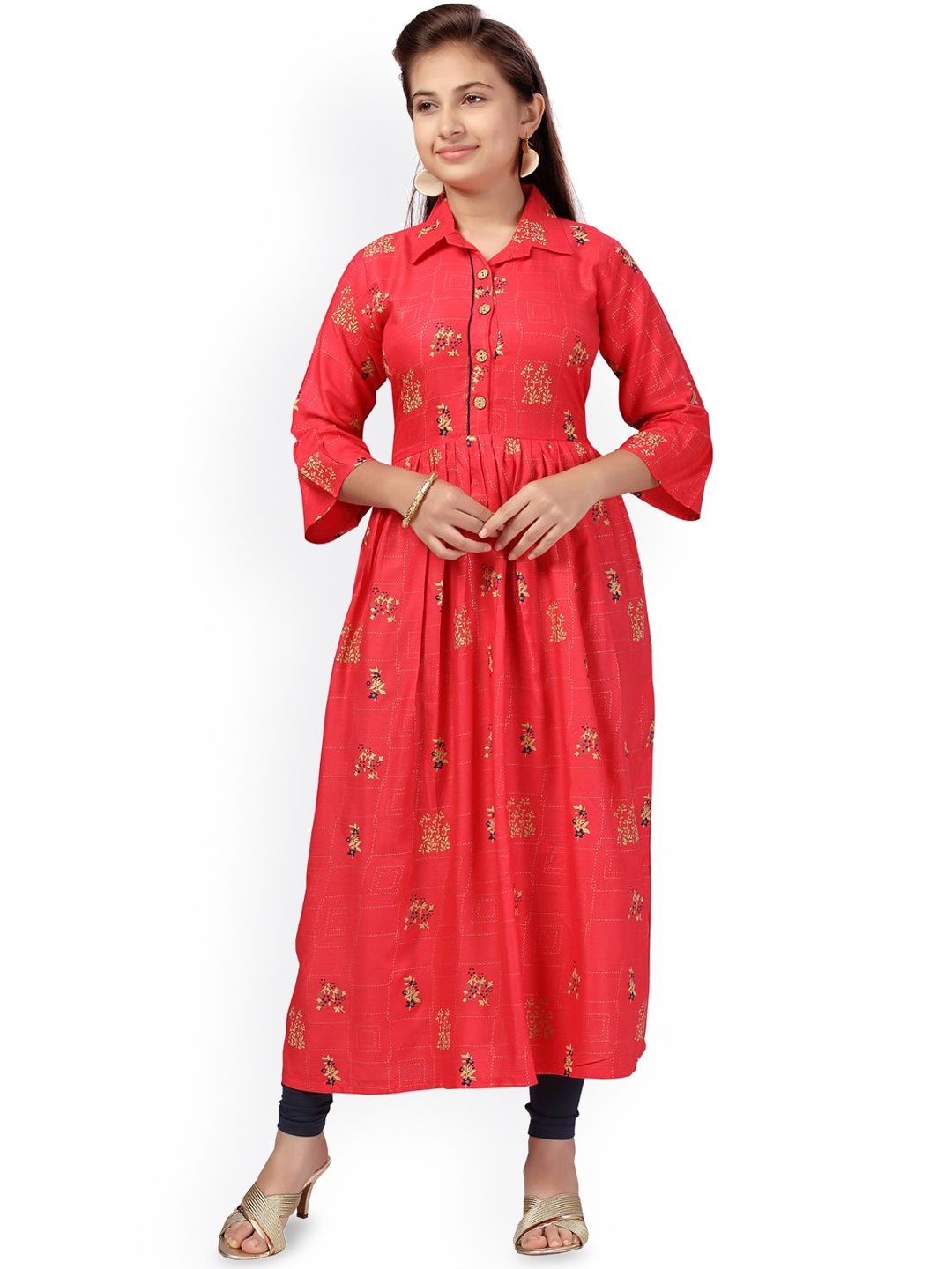 

BAESD Girls Floral Embroidered Flared Sleeves Kurta, Red