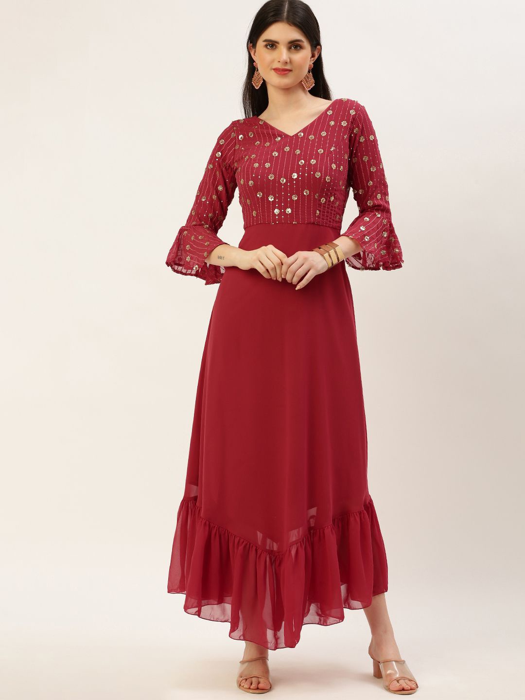 

Ethnovog Embellished Bell Sleeve Maxi Dress, Red