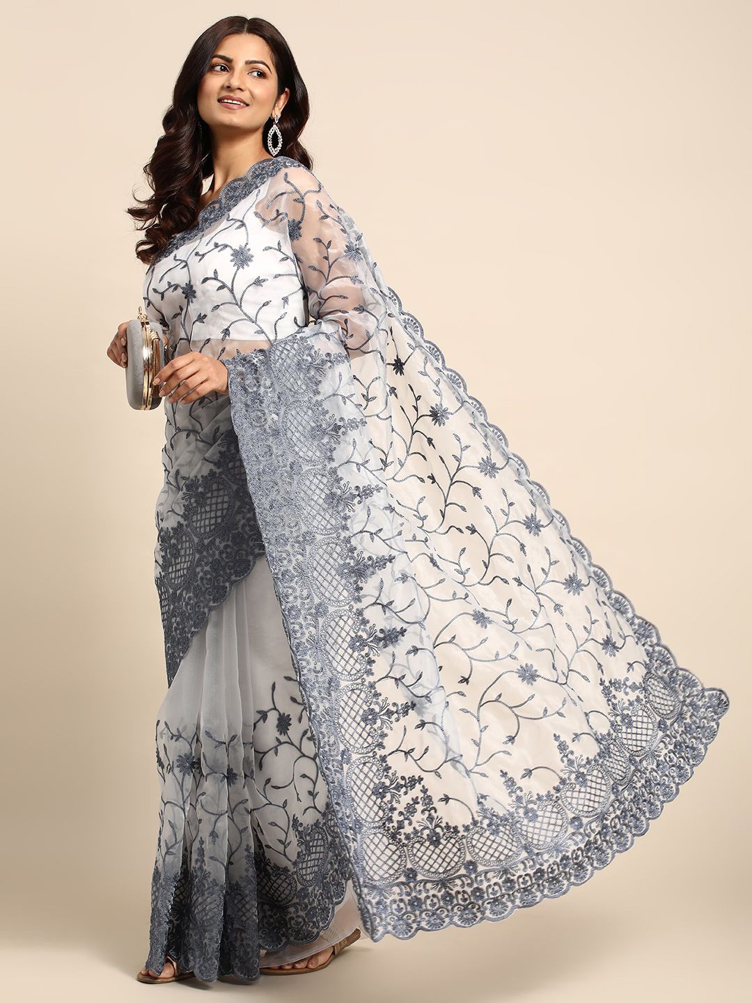 

KIMISHA Floral Embroidered Organza Saree, Grey