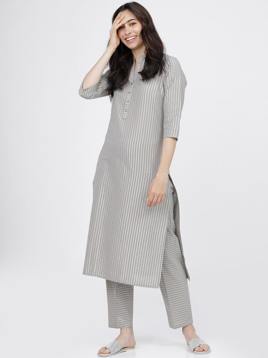 

Vishudh Women Striped Regular Pure Cotton Kurta with Palazzos, Grey