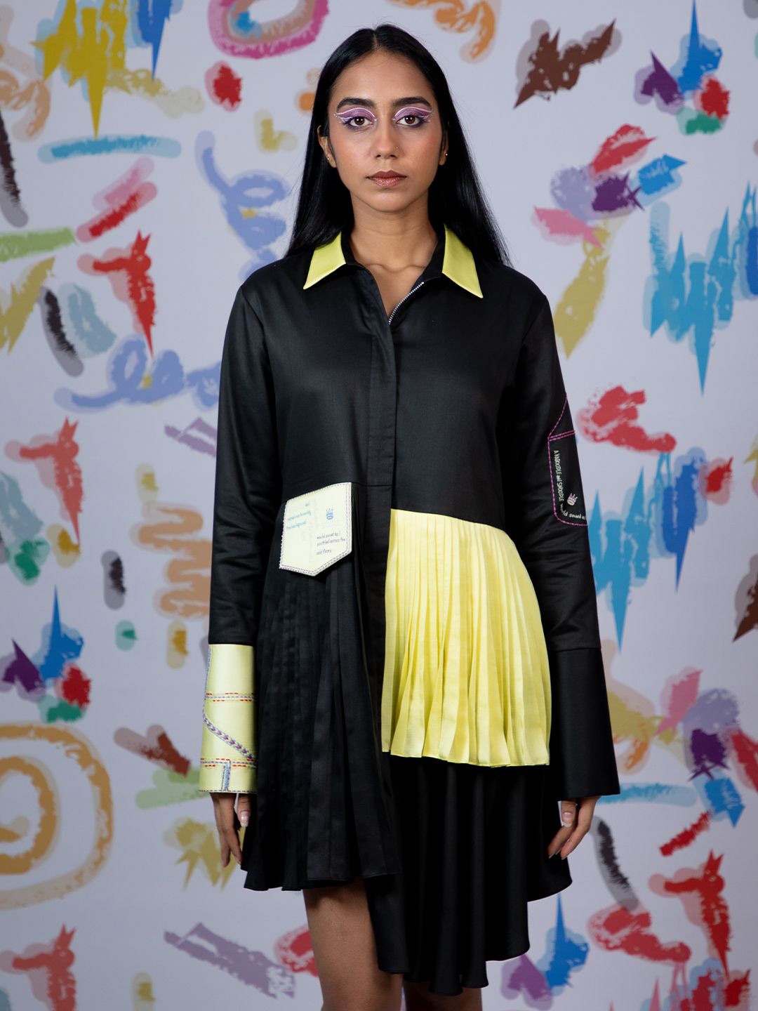 

Arya Giri Colourblocked Satin Shirt Dress, Black
