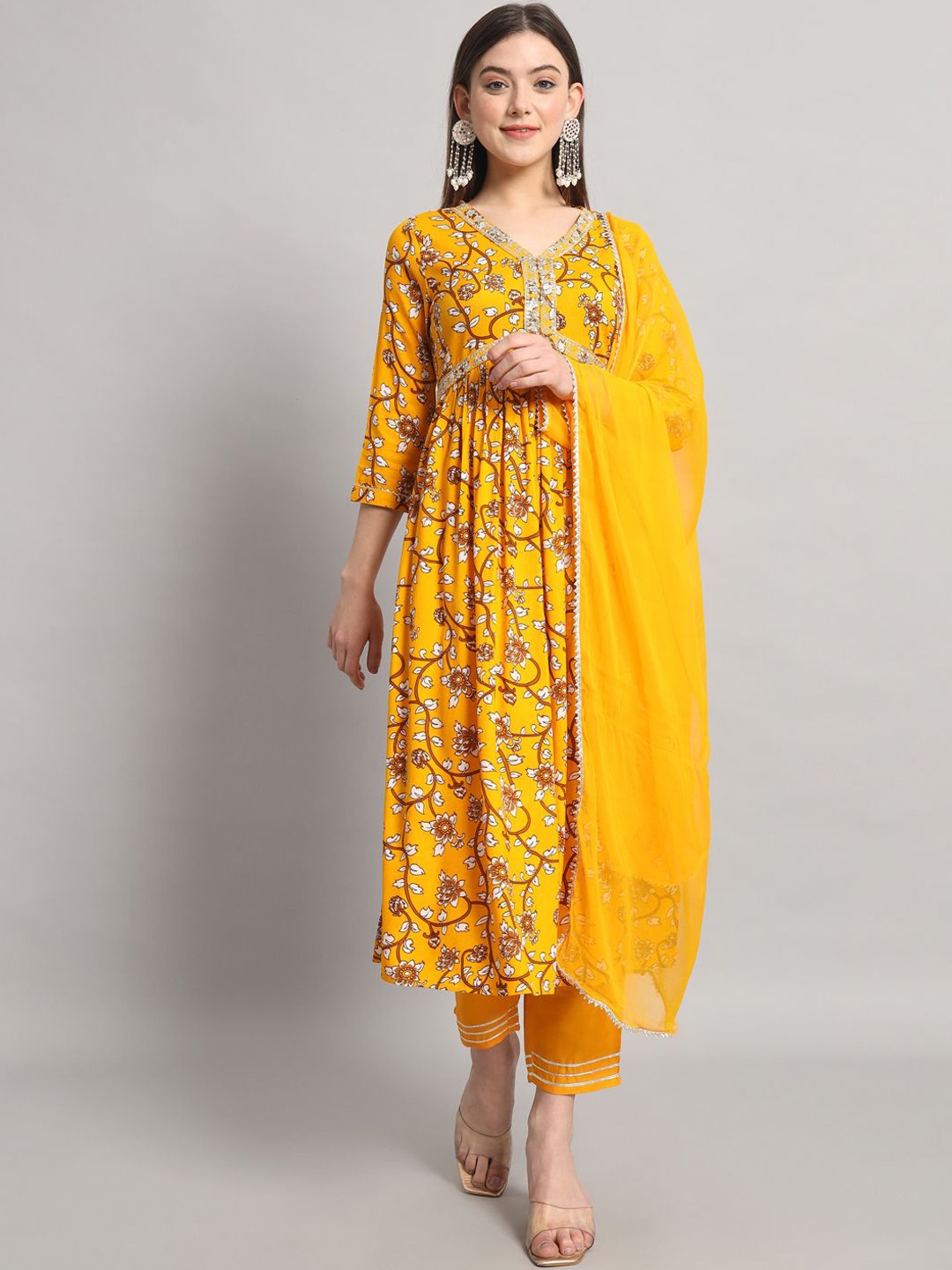 

PIDER Women Floral Printed Regular Thread Work Kurta with Trousers & With Dupatta, Yellow