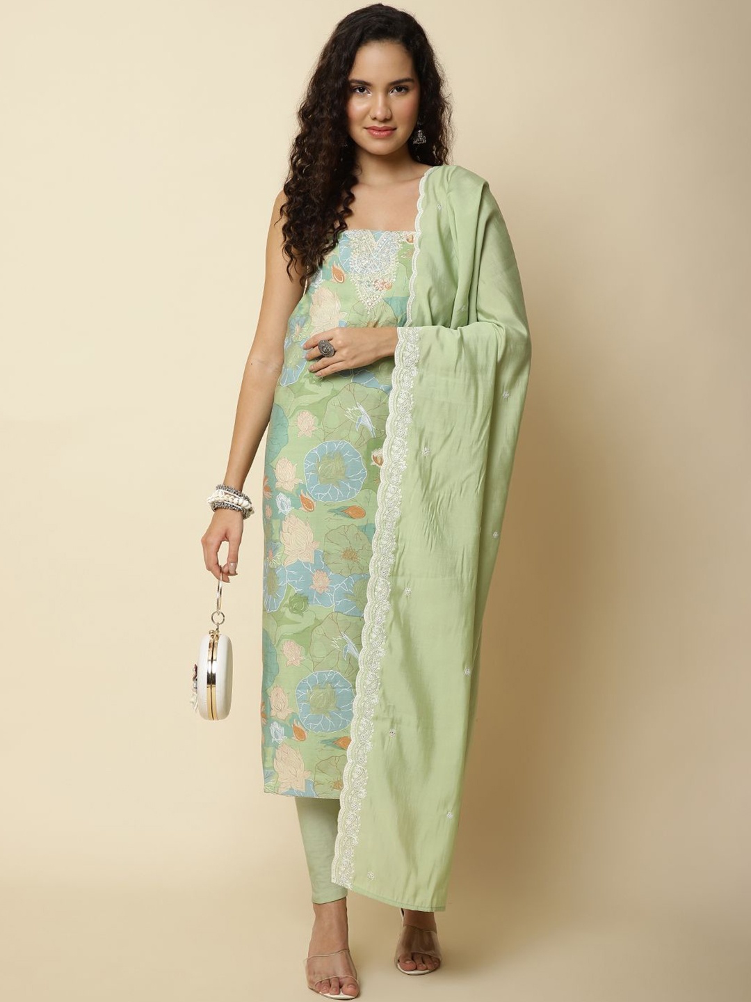 

Meena Bazaar Printed Unstitched Dress Material, Green