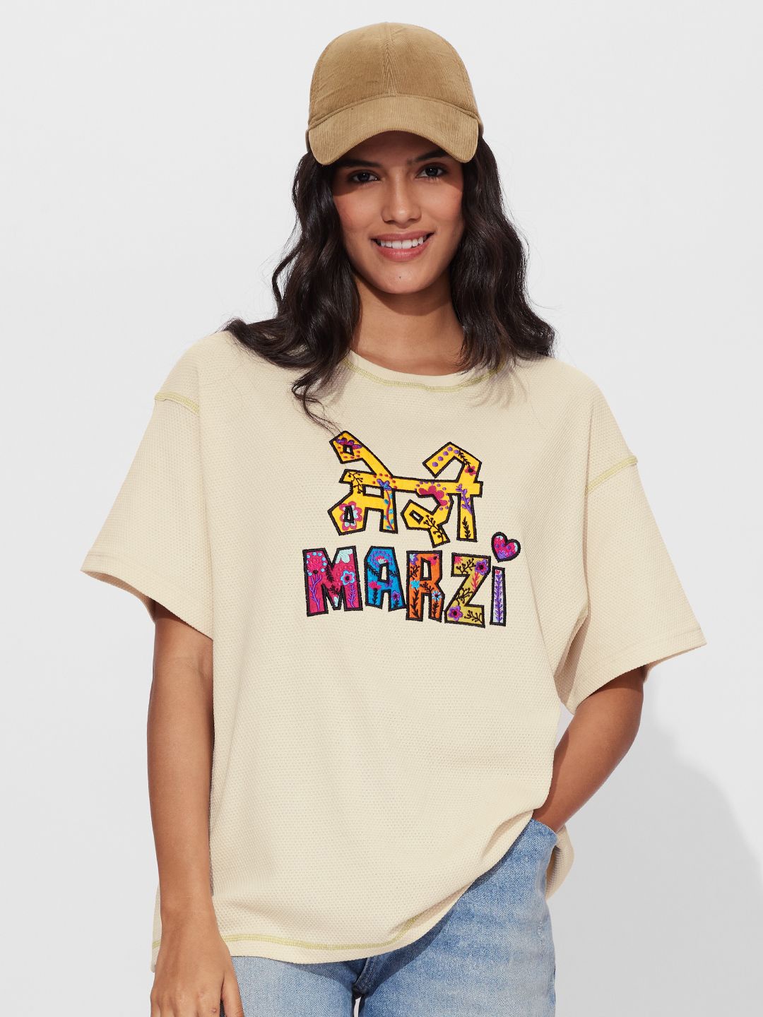 

The Souled Store Women Typography Printed Drop-Shoulder Sleeves T-shirt, Off white