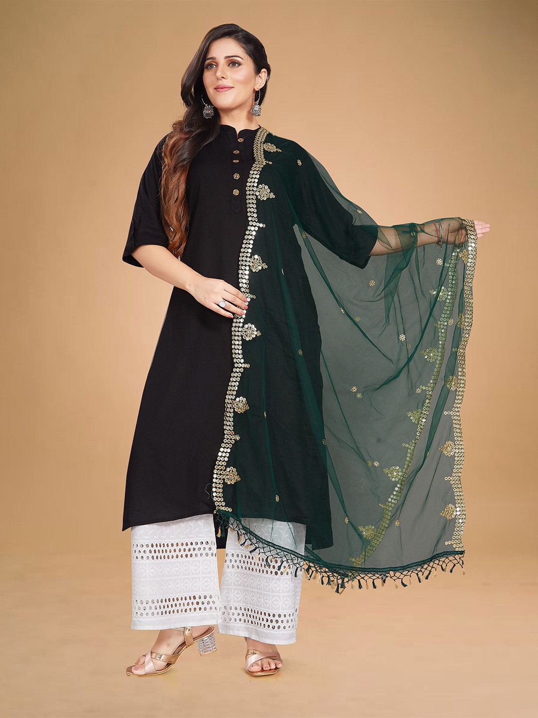 

Rani Saahiba Floral Embroidered Mirror Work Net Dupatta, Green