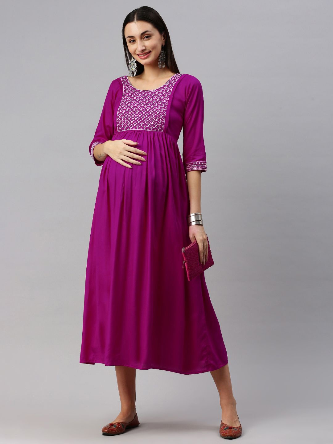 

Swishchick Ethnic Motifs Printed Women Maternity Empire Midi Dress, Magenta