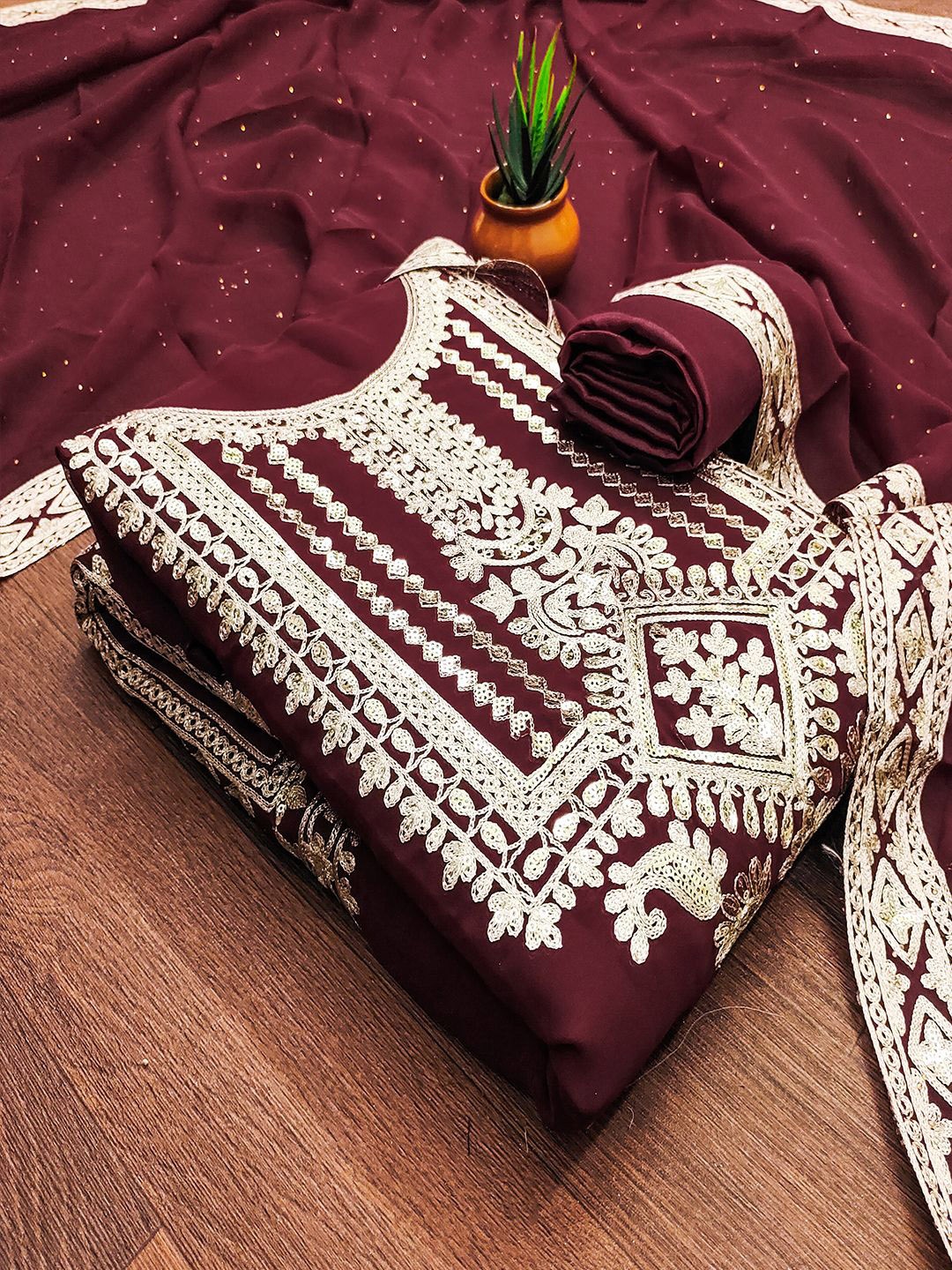 

Lilots Embroidered Unstitched Dress Material, Maroon