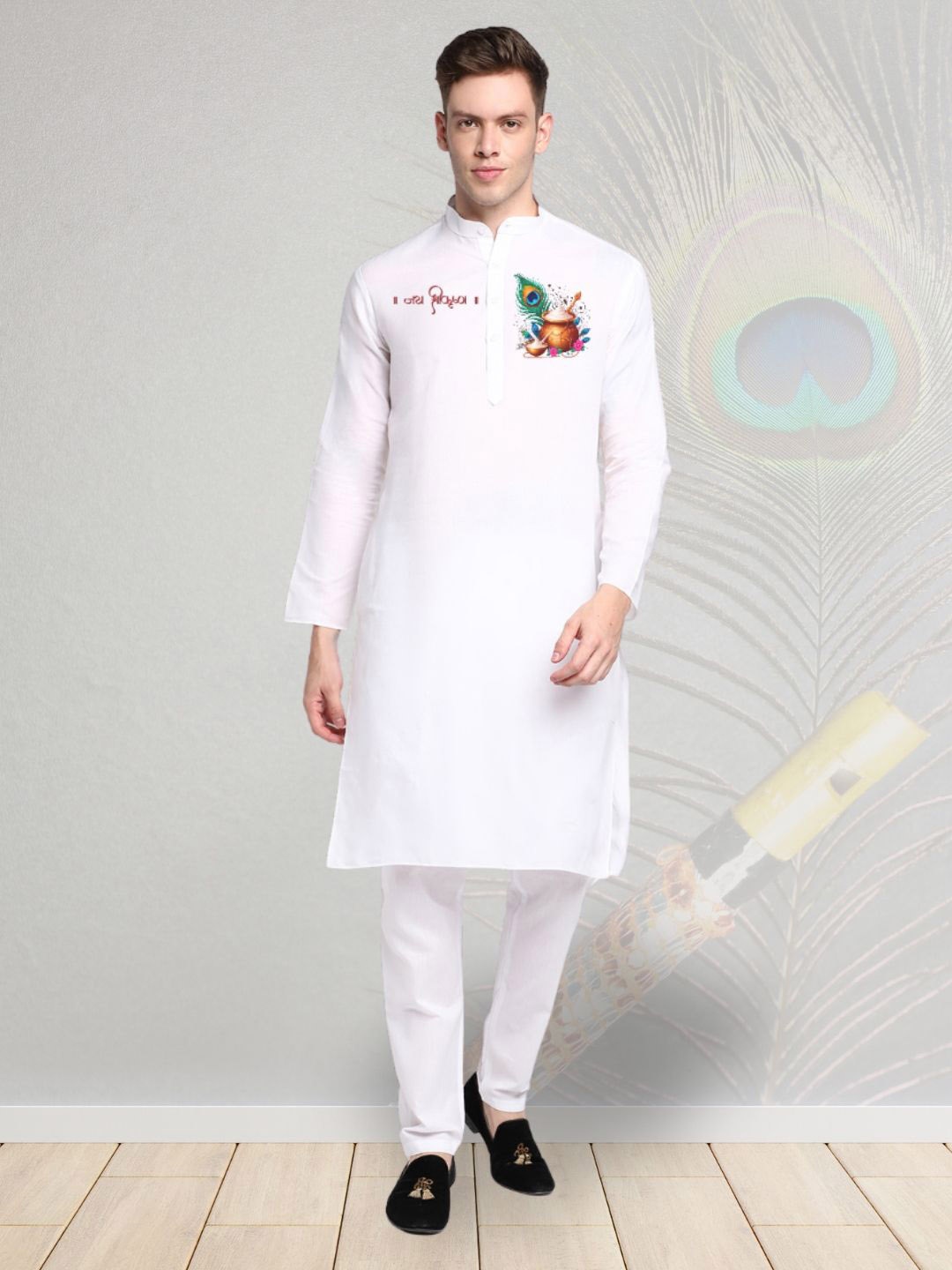 

DEVOILER Ethnic Motifs Digital Printed Mandarin Collar Kurta, White