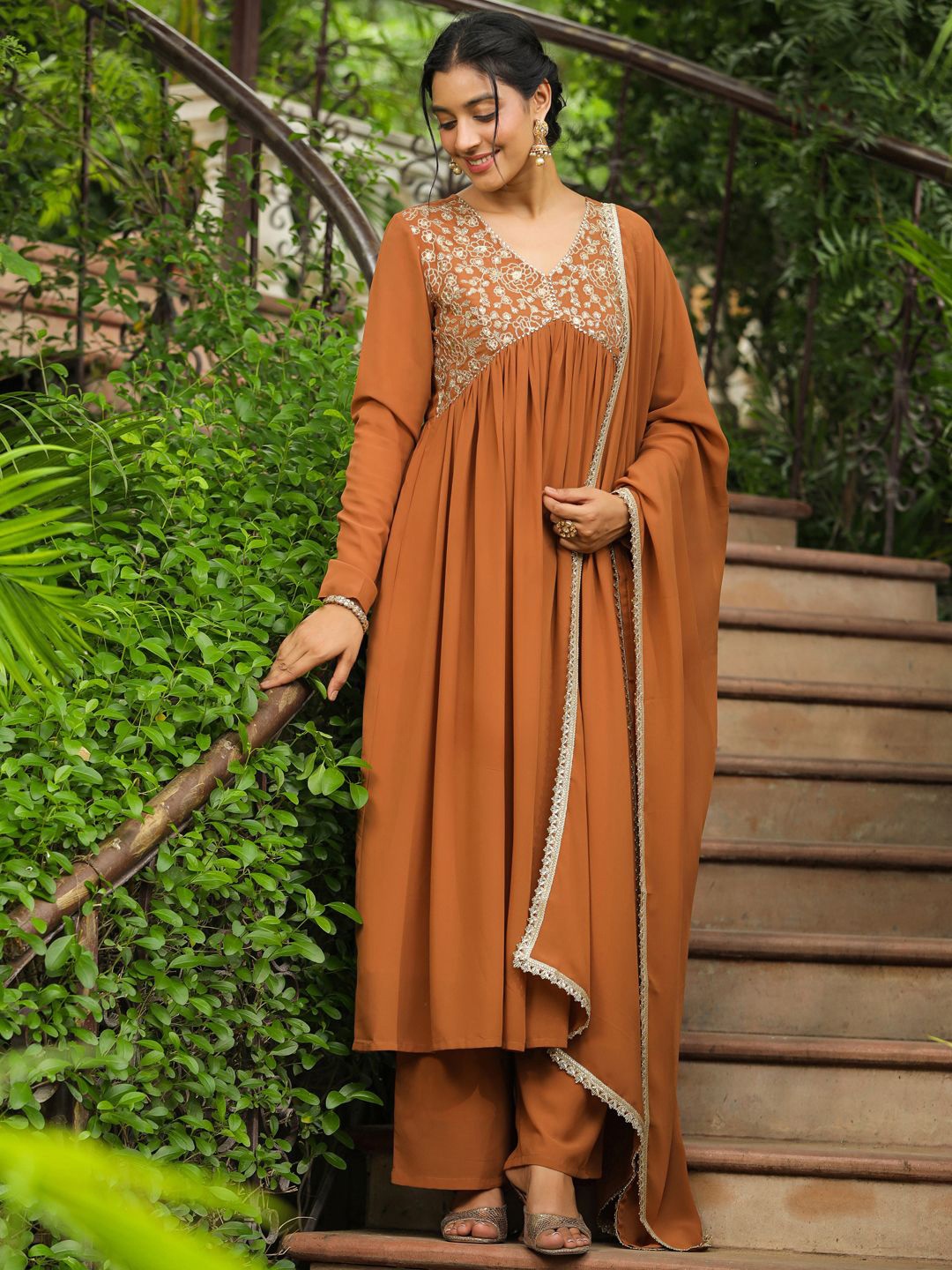 

Janasya Floral Embroidered V-Neck Georgette A-Line Kurta with Palazzo & Dupatta, Brown