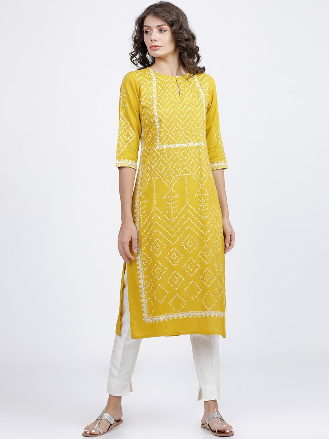 

Vishudh Women Geometric Thread Work Kurta, Yellow
