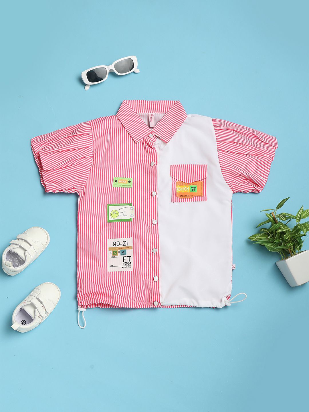 

V-Mart Girls Striped Shirt Collar Cotton Top, Pink