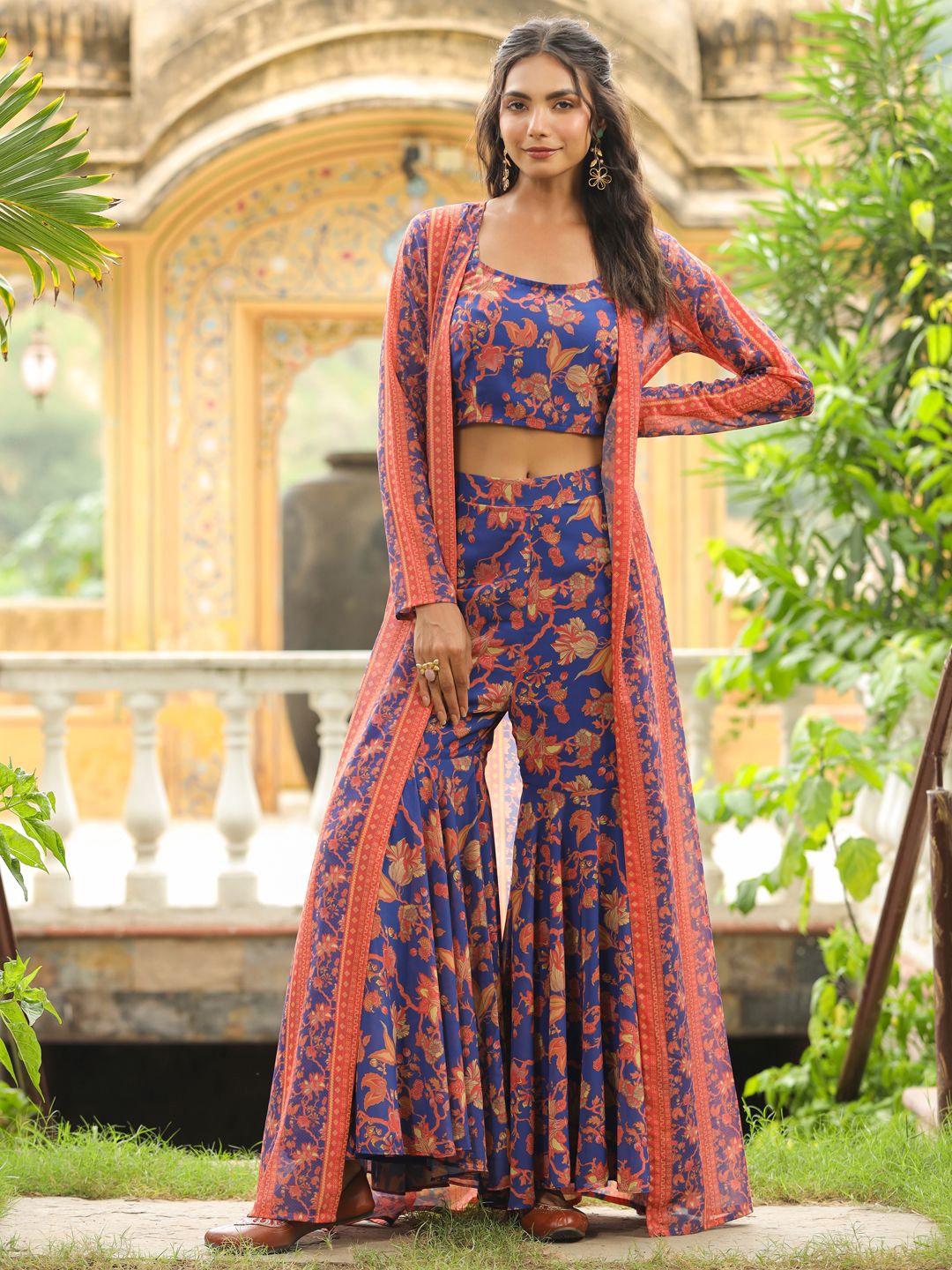 

Janasya Floral Printed Co-Ord Set, Navy blue