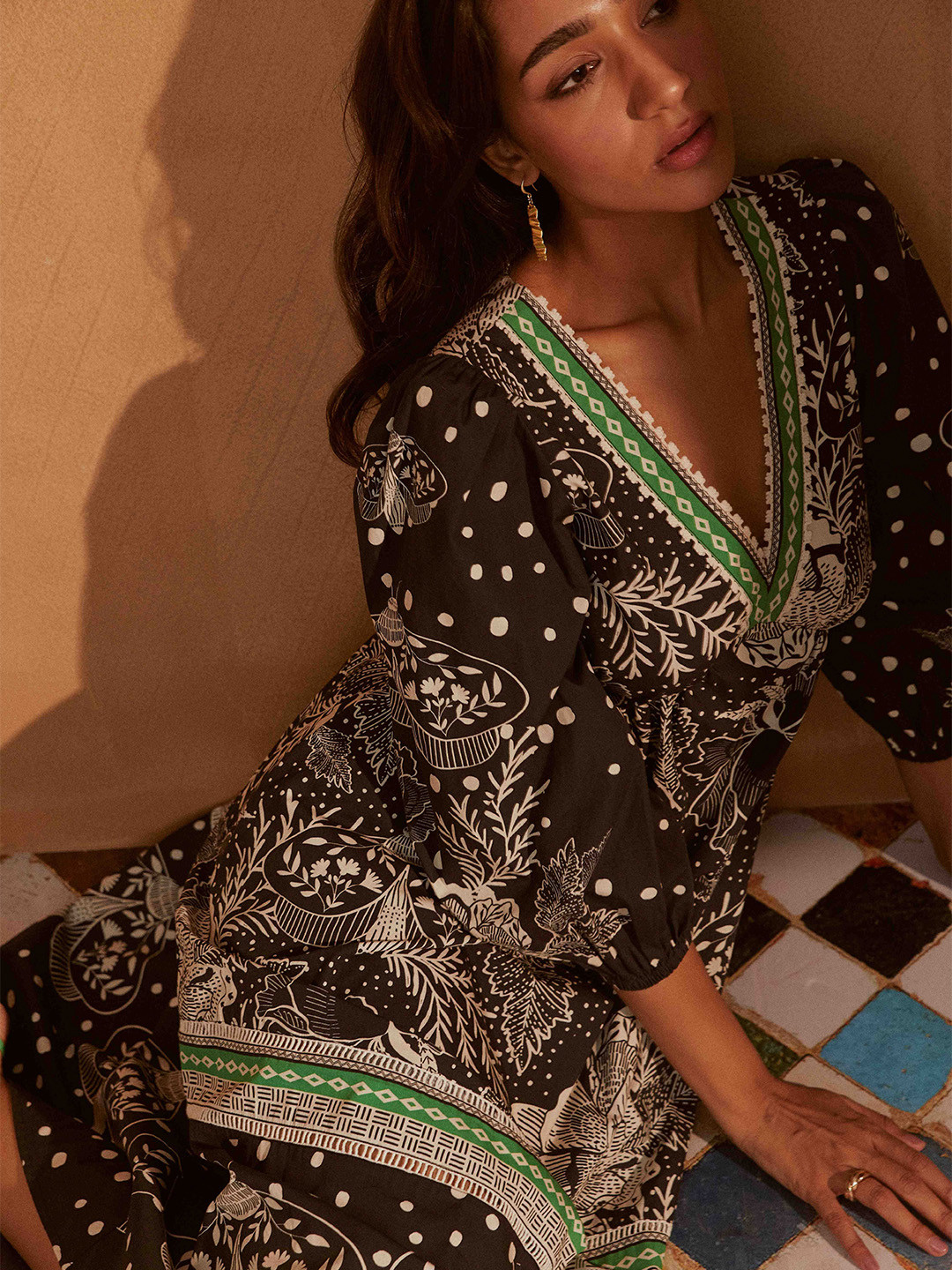 

NOIB Ethnic Motifs Printed Backless Puff Sleeve Midi Dress, Black