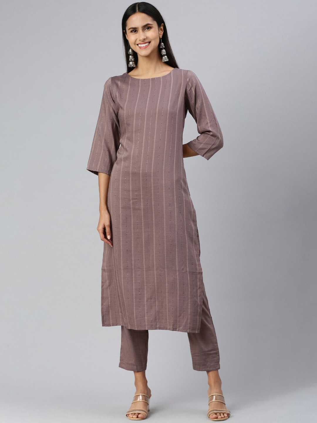 

HRITIKA Striped Sequinned Round Neck Straight Kurta With Trousers, Grey