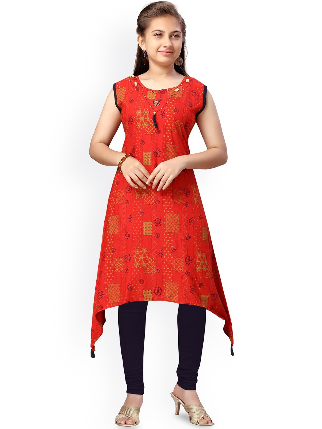 

BAESD Girls Quirky Printed Thread Work Kurta, Red