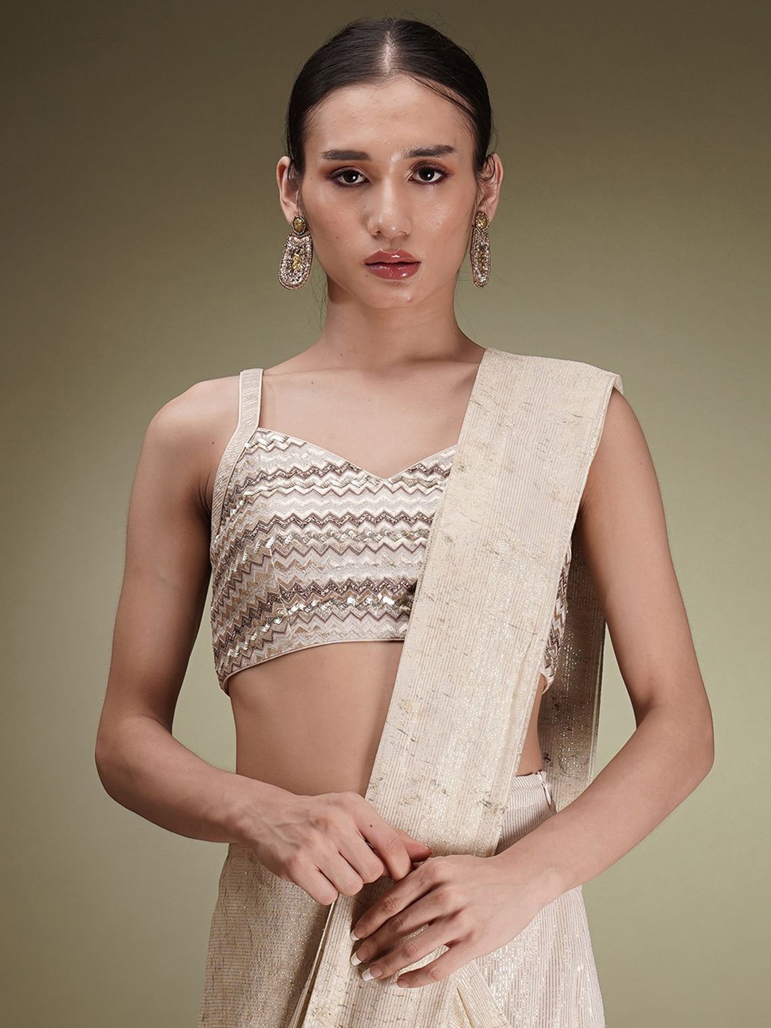 

Breathe by Aakanksha Singh Striped Pure Georgette Saree, Off white