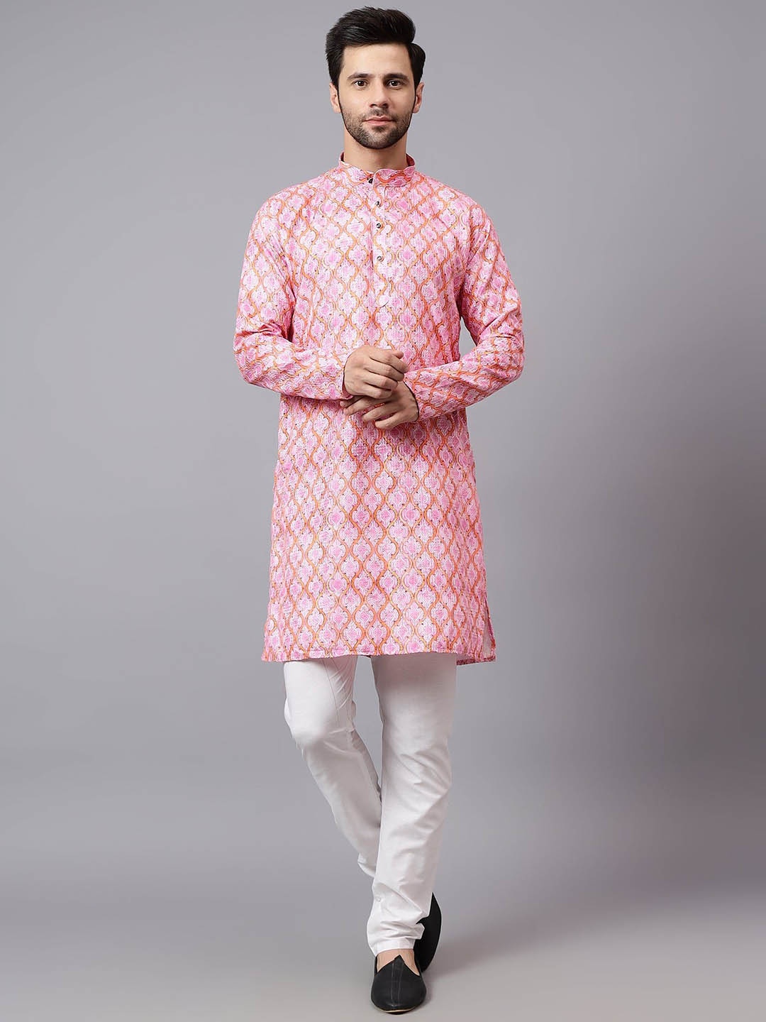 

Yugnik Men Ethnic Motifs Regular Thread Work Kurta with Pyjamas, Peach